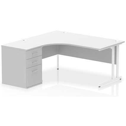 Impulse 1600mm Corner Desk, Left Hand, White Cantilever Leg, White, With 600mm Deep Desk High Pedestal