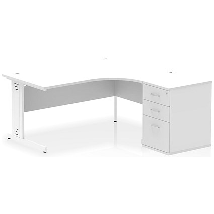 Impulse 1600mm Corner Desk, Right Hand, White Cable Managed Leg, White, With 600mm Deep Desk High Pedestal