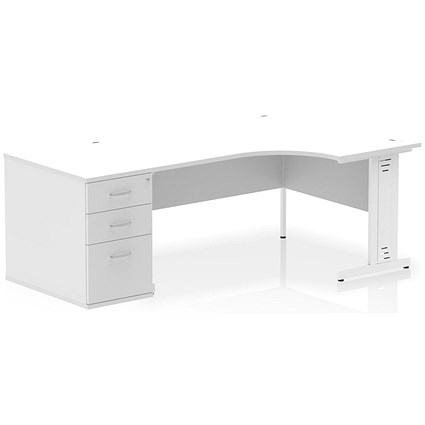 Impulse 1600mm Corner Desk, Right Hand, White Cable Managed Leg, White, With 800mm Deep Desk High Pedestal