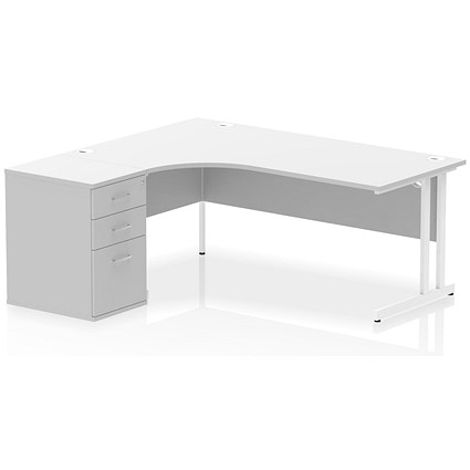 Impulse 1800mm Corner Desk, Left Hand, White Cantilever Leg, White, With 600mm Deep Desk High Pedestal