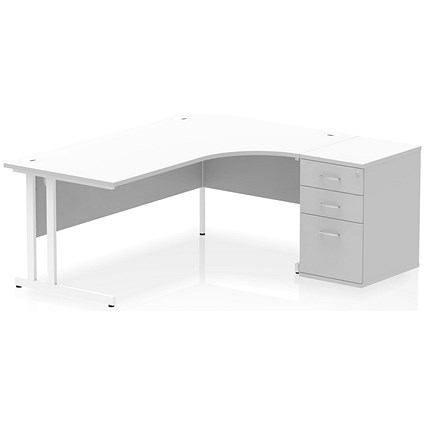 Impulse 1800mm Corner Desk, Right Hand, White Cantilever Leg, White, With 600mm Deep Desk High Pedestal