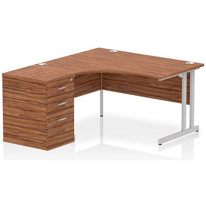 Impulse 1400mm Corner Desk with 600mm Desk High Pedestal, Left Hand, Silver Cantilever Leg, Walnut