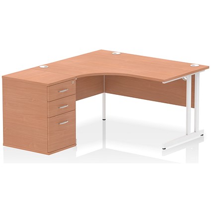 Impulse 1400mm Corner Desk with 600mm Desk High Pedestal, Left Hand, White Cantilever Leg, Beech