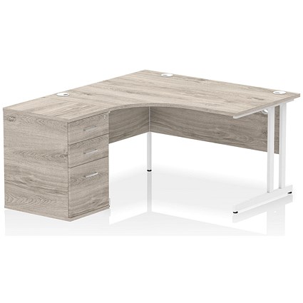 Impulse 1400mm Corner Desk with 600mm Desk High Pedestal, Left Hand, White Cantilever Leg, Grey Oak