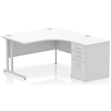 Impulse 1400mm Corner Desk with 600mm Desk High Pedestal, Right Hand, Silver Cantilever Leg, White