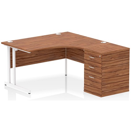 Impulse 1400mm Corner Desk with 600mm Desk High Pedestal, Right Hand, White Cantilever Leg, Walnut