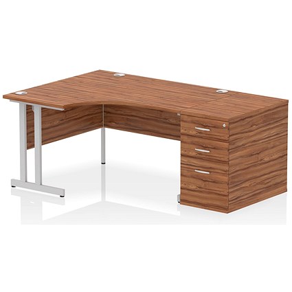 Impulse 1400mm Corner Desk with 800mm Desk High Pedestal, Left Hand, Silver Cantilever Leg, Walnut