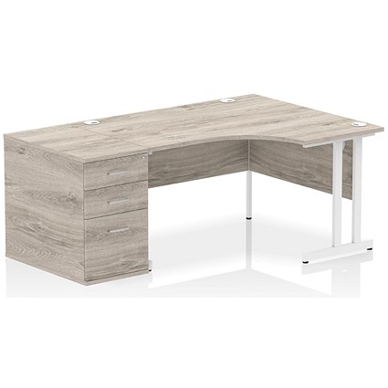 Impulse 1400mm Corner Desk with 800mm Desk High Pedestal, Right Hand, White Cantilever Leg, Grey Oak