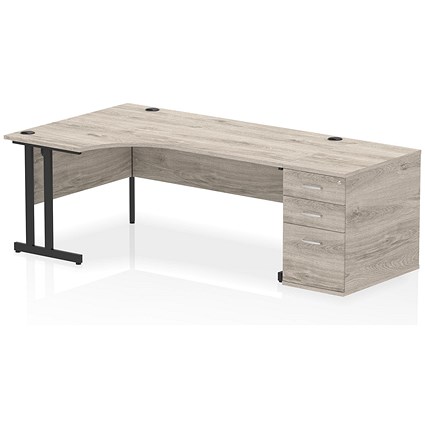 Impulse 1800mm Corner Desk, Left Hand, Black Cantiever Leg, Grey Oak, With 800mm Deep Desk High Pedestal