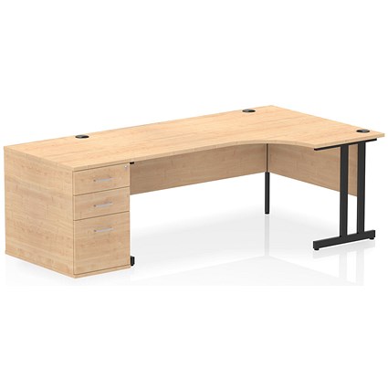 Impulse 1800mm Corner Desk, Right Hand, Black Cantiever Leg, Maple, With 800mm Deep Desk High Pedestal