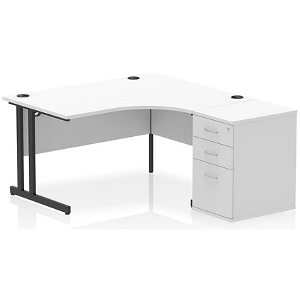 Impulse 1400mm Corner Desk with 600mm Desk High Pedestal, Right Hand, Black Cantilever Leg, White