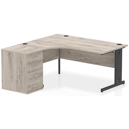 Impulse 1600mm Corner Desk, Left Hand, Black Cable Managed Leg, Grey Oak, With 600mm Deep Desk High Pedestal