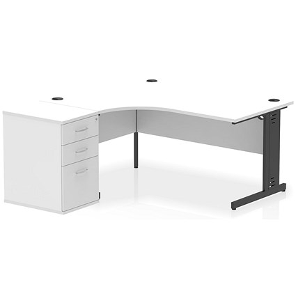 Impulse 1600mm Corner Desk, Left Hand, Black Cable Managed Leg, White, With 600mm Deep Desk High Pedestal