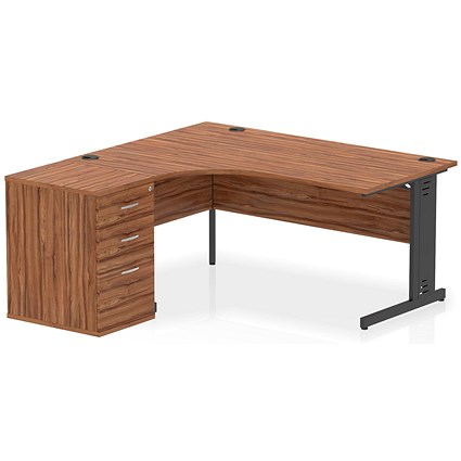 Impulse 1600mm Corner Desk, Left Hand, Black Cable Managed Leg, Walnut, With 600mm Deep Desk High Pedestal