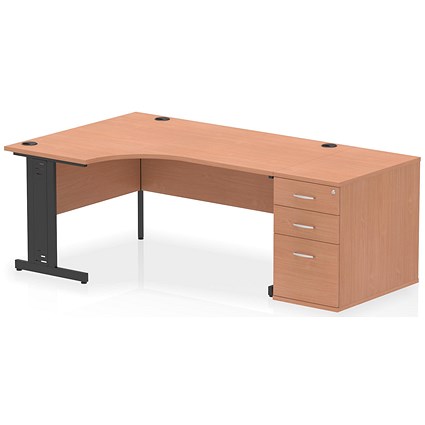 Impulse 1600mm Corner Desk, Left Hand, Black Cable Managed Leg, Beech, With 800mm Deep Desk High Pedestal