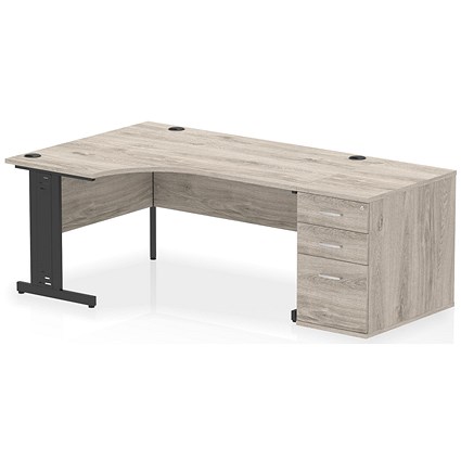 Impulse 1600mm Corner Desk, Left Hand, Black Cable Managed Leg, Grey Oak, With 800mm Deep Desk High Pedestal