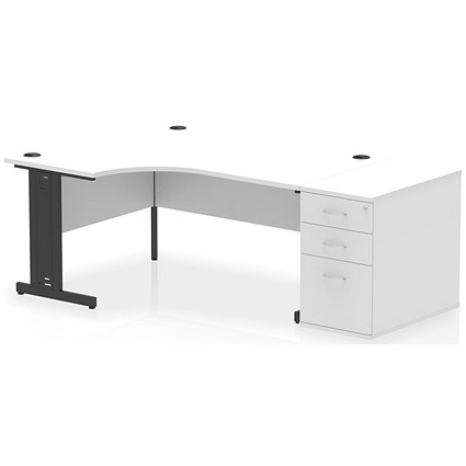 Impulse 1600mm Corner Desk, Left Hand, Black Cable Managed Leg, White, With 800mm Deep Desk High Pedestal