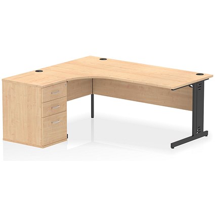 Impulse 1800mm Corner Desk, Left Hand, Black Cable Managed Leg, Maple, With 600mm Deep Desk High Pedestal