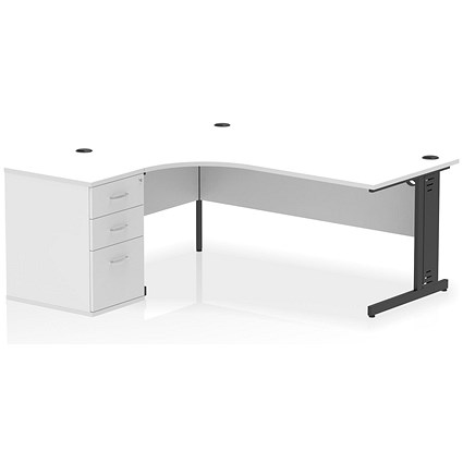 Impulse 1800mm Corner Desk, Left Hand, Black Cable Managed Leg, White, With 600mm Deep Desk High Pedestal