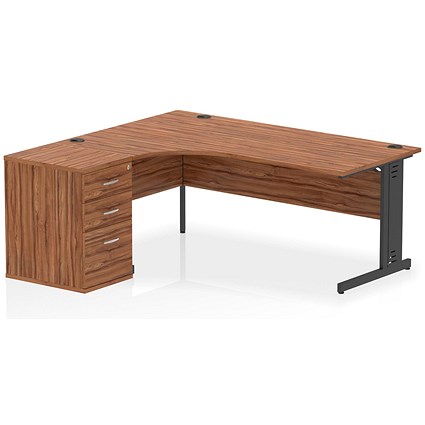 Impulse 1800mm Corner Desk, Left Hand, Black Cable Managed Leg, Walnut, With 600mm Deep Desk High Pedestal