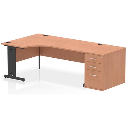 Impulse 1800mm Corner Desk, Left Hand, Black Cable Managed Leg, Beech, With 800mm Deep Desk High Pedestal