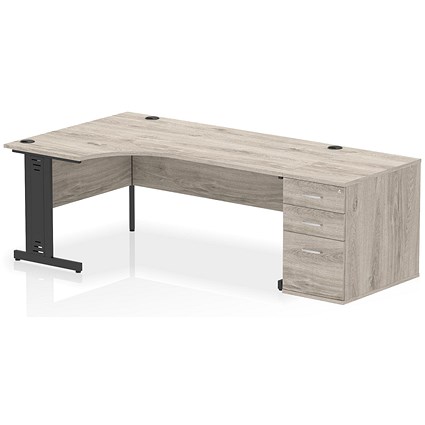 Impulse 1800mm Corner Desk, Left Hand, Black Cable Managed Leg, Grey Oak, With 800mm Deep Desk High Pedestal