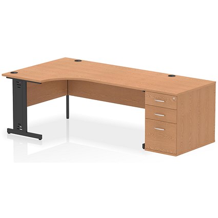 Impulse 1800mm Corner Desk, Left Hand, Black Cable Managed Leg, Oak, With 800mm Deep Desk High Pedestal