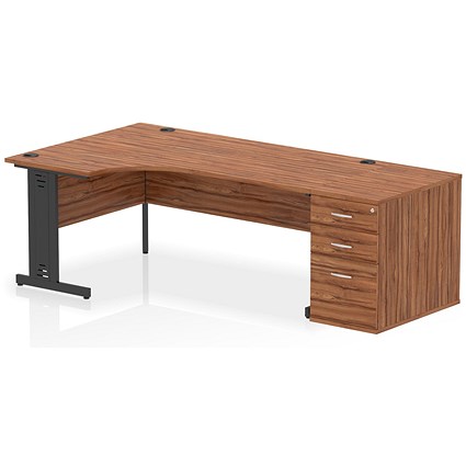 Impulse 1800mm Corner Desk, Left Hand, Black Cable Managed Leg, Walnut, With 800mm Deep Desk High Pedestal