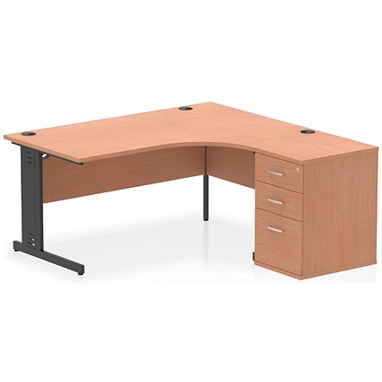 Impulse 1600mm Corner Desk, Right Hand, Black Cable Managed Leg, Beech, With 600mm Deep 3 Drawer Desk High Pedestal