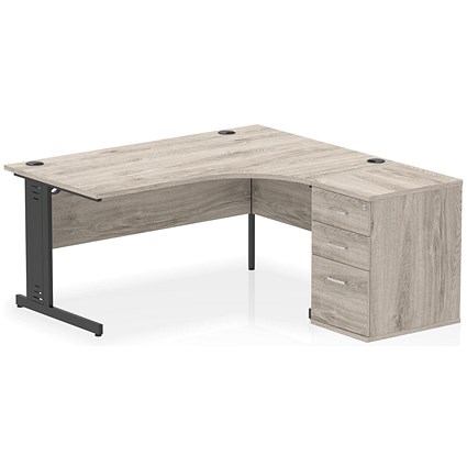 Impulse 1600mm Corner Desk, Right Hand, Black Cable Managed Leg, Grey Oak, With 600mm Deep Desk High Pedestal