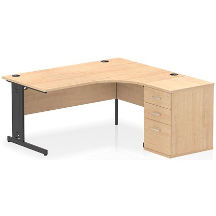 Impulse 1600mm Corner Desk, Right Hand, Black Cable Managed Leg, Maple, With 600mm Deep Desk High Pedestal