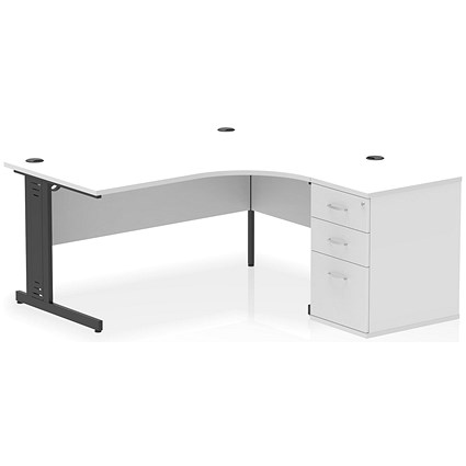 Impulse 1600mm Corner Desk, Right Hand, Black Cable Managed Leg, White, With 600mm Deep Desk High Pedestal