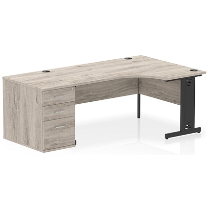 Impulse 1600mm Corner Desk, Right Hand, Black Cable Managed Leg, Grey Oak, With 800mm Deep Desk High Pedestal