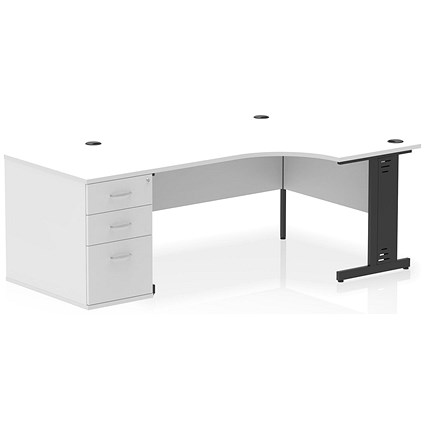 Impulse 1600mm Corner Desk, Right Hand, Black Cable Managed Leg, White, With 800mm Deep Desk High Pedestal