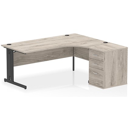 Impulse 1800mm Corner Desk, Right Hand, Black Cable Managed Leg, Grey Oak, With 600mm Deep Desk High Pedestal