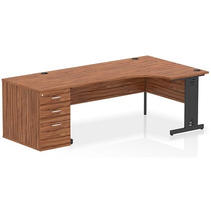 Impulse 1800mm Corner Desk, Right Hand, Black Cable Managed Leg, Walnut, With 800mm Deep Desk High Pedestal