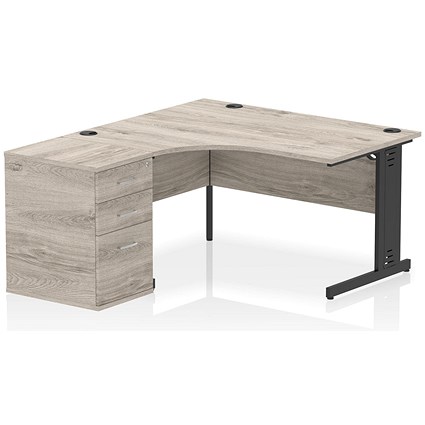 Impulse 1400mm Corner Desk with 600mm Desk High Pedestal, Left Hand, Black Cable Managed Leg, Grey Oak