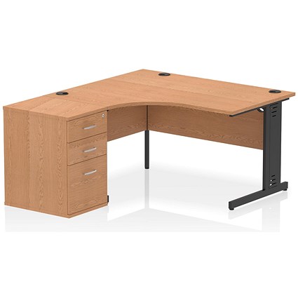 Impulse 1400mm Corner Desk with 600mm Desk High Pedestal, Left Hand, Black Cable Managed Leg, Oak