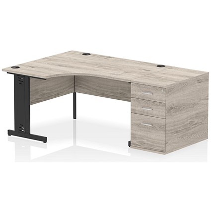 Impulse 1400mm Corner Desk with 800mm Desk High Pedestal, Left Hand, Black Cable Managed Leg, Grey Oak