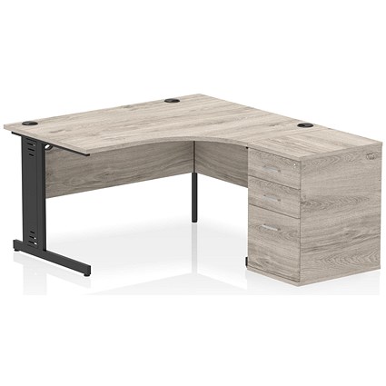 Impulse 1400mm Corner Desk with 600mm Desk High Pedestal, Right Hand, Black Cable Managed Leg, Grey Oak