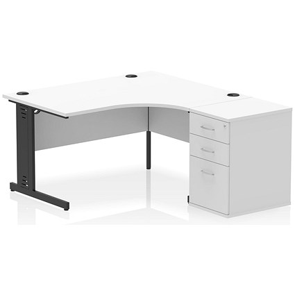 Impulse 1400mm Corner Desk with 600mm Desk High Pedestal, Right Hand, Black Cable Managed Leg, White