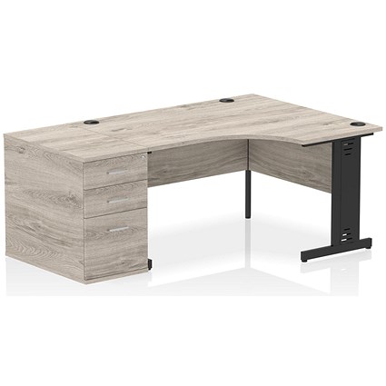 Impulse 1400mm Corner Desk with 800mm Desk High Pedestal, Right Hand, Black Cable Managed Leg, Grey Oak