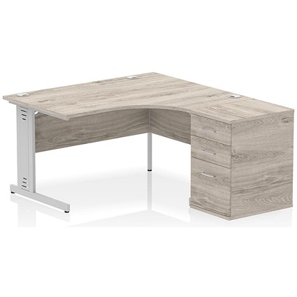 Impulse 1400mm Corner Desk with 600mm Desk High Pedestal, Right Hand, Silver Cable Managed Leg, Grey Oak