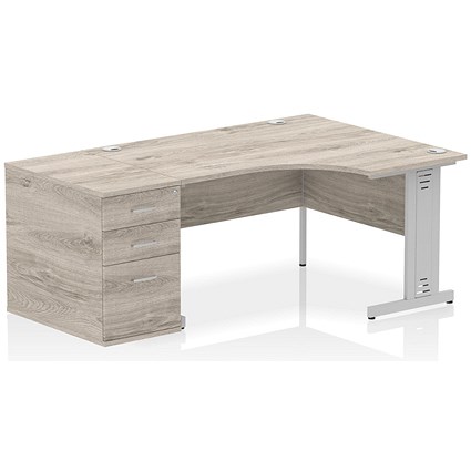 Impulse 1400mm Corner Desk with 800mm Desk High Pedestal, Right Hand, Silver Cable Managed Leg, Grey Oak