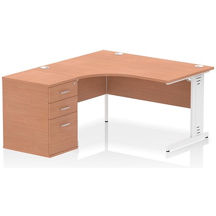 Impulse 1400mm Corner Desk with 600mm Desk High Pedestal, Left Hand, White Cable Managed Leg, Beech