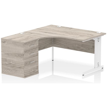 Impulse 1400mm Corner Desk with 600mm Desk High Pedestal, Left Hand, White Cable Managed Leg, Grey Oak