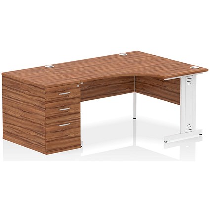 Impulse 1400mm Corner Desk with 800mm Desk High Pedestal, Right Hand, White Cable Managed Leg, Walnut