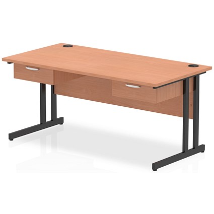 Impulse 1600mm Rectangular Desk with 2 attached Pedestals, Black Cantilever Leg, Beech