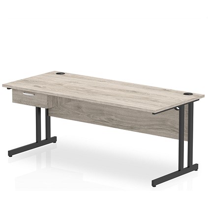 Impulse 1800mm Rectangular Desk with attached Pedestal, Black Cantilever Leg, Grey Oak