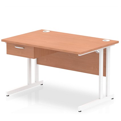 Impulse 1200mm Rectangular Desk with attached Pedestal, White Cantilever Leg, Beech